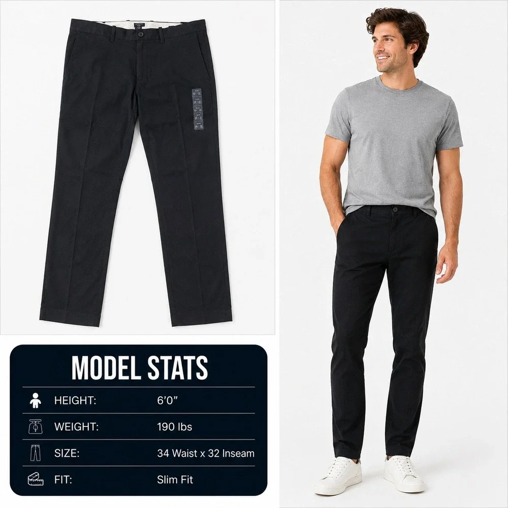 J.Crew Flex Slim Fit Chino Pants Mens 34x32 Black H3167 Cotton Stretch Trousers